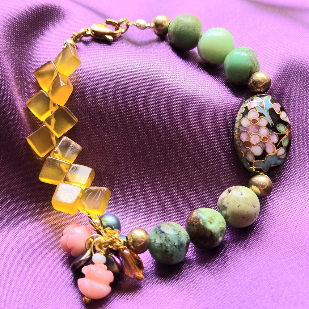 Handmade Gemstone Bracelet Cloissone, Coral, Pearls, Chrysoprase, Chalsedony